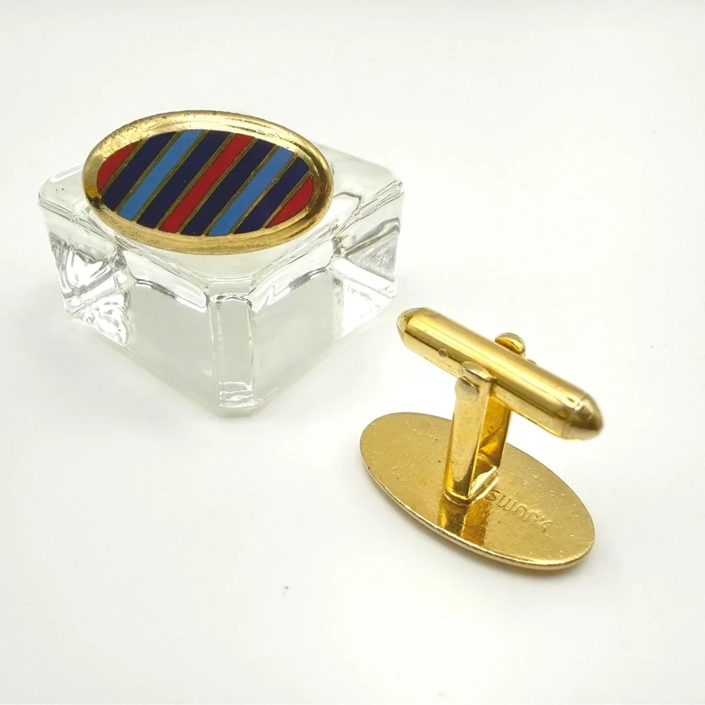 Swank Cufflinks OS Vintage Gold Tone Enamel Striped Oval Preppy Dapper Classic